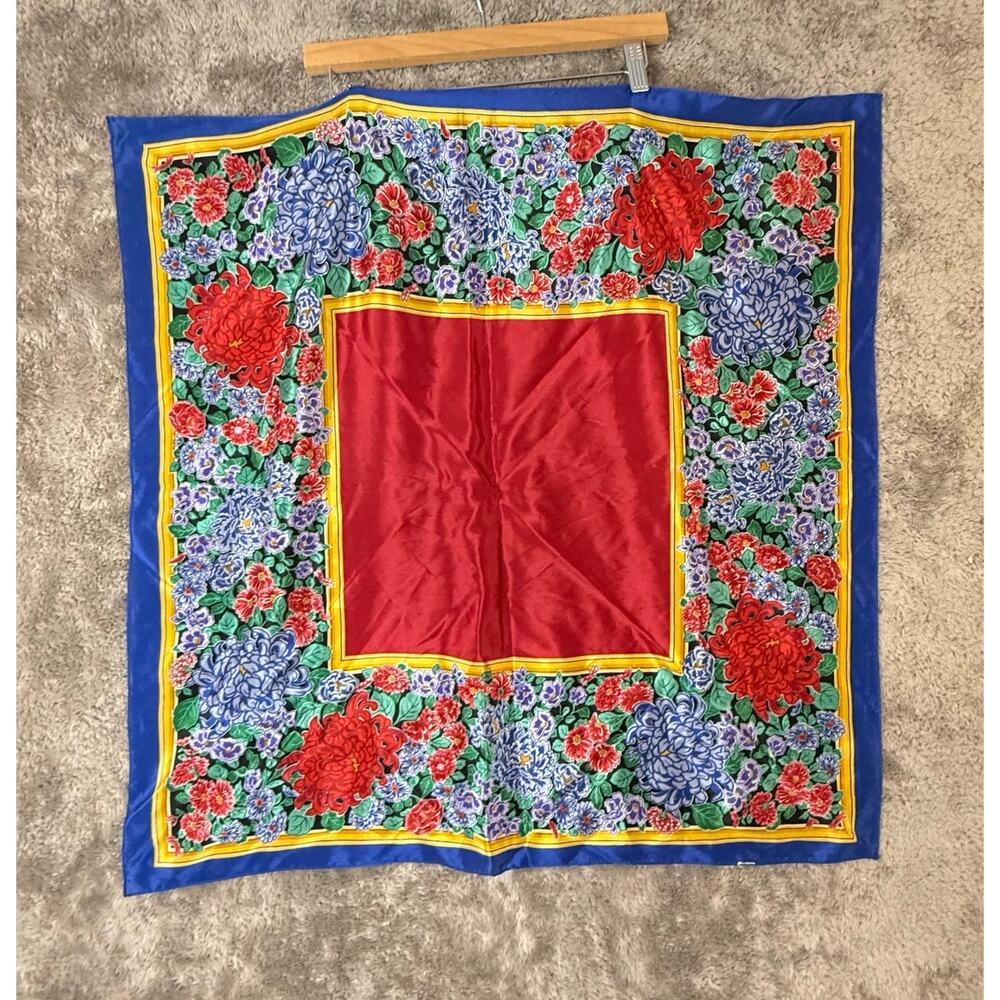 Oscar de la Renta 30" Square Scarf Blue Red Yellow Green Floral